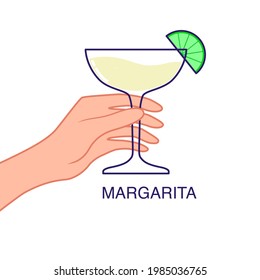 Hand holds a glass of margarita with lime. Vector illustration isolated on white background