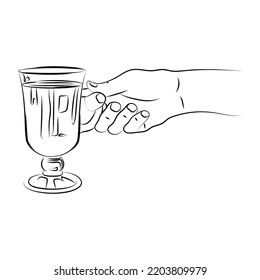 Hand holds glass of mulled wine. Traditional hot winter drink in glass goblet. Christmas alcohol warming drink with spices. Use for print, postcard, menu, label, poster. Sketch, linear contour drawing