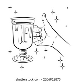 Hand holds glass of mulled wine. Traditional hot winter drink in glass goblet. Christmas alcohol warming drink with spices. Use for print, postcard, menu, label, poster. Sketch, linear contour drawing