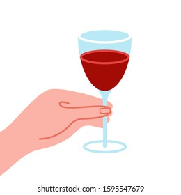 Hand holds glass with red wine. Alcoholic drink for dinner, holiday. Vector illustration on white background