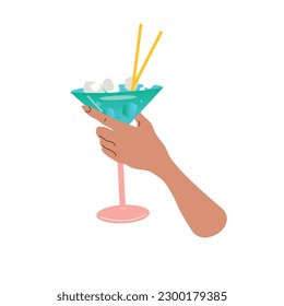 Hand holds a glass with a refreshing summer cocktail. Summer aperitif, alcoholic drink. Vector illustration isolated on white background.