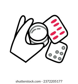 A hand holds a glass of water to wash down the medicine. Clusters with pills on the table. Disease treatment, prevention, vitamins. Cold, flu, illness. Simple vector doodle style outline, illustration