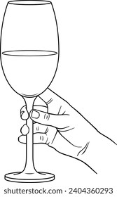 Hand holds a glass with wine or champagne, vector linear illustration