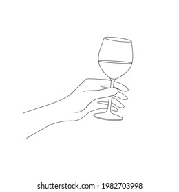 Hand holds a glass of wine. Linear vector illustration isolated on white background