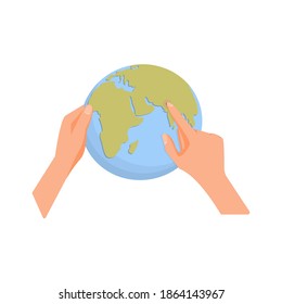 Hand holds a globe. The finger points to a point on the globe. Vector illustration, flat cartoon color minimal design isolated on white background, eps 10.
