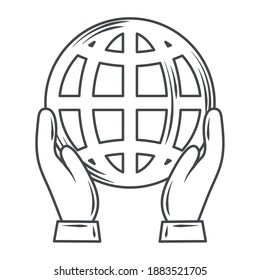 hand holds globe map world in thin line icon style vector illustration
