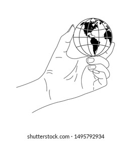 Hand holds globe of planet earth. Line art. Isolated. On White background. 