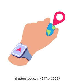 Hand holds a globe. Smart watch on display with a red arrow on the screen indicating the location on the globe. Vector illustration on white background