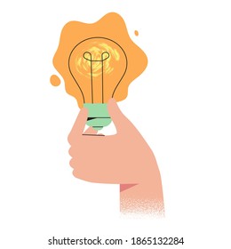 Hand holds glowing light bulb. Concept of new idea, thinking, innovation, solution for web or ui design. Come up with brilliant creative idea for project, business, start up in trendy modern style.