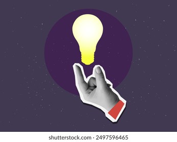A hand holds a glowing lightbulb. Idea concept. Modern collage vector illustration