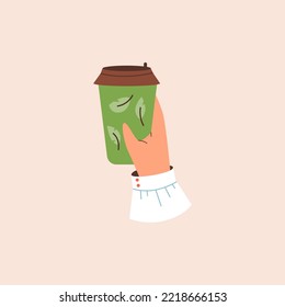 Hand holds to go or take away mug, flat vector illustration isolated on beige background. Reusable cup with hot drink or beverage. Coffee or tea to go.