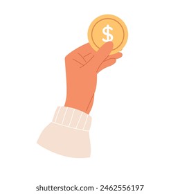 Hand holds gold big coin. Saving money concept. Investing, accounting and donating money