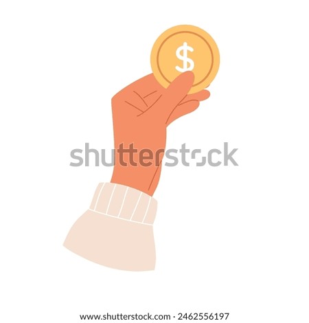 Hand holds gold big coin. Saving money concept. Investing, accounting and donating money