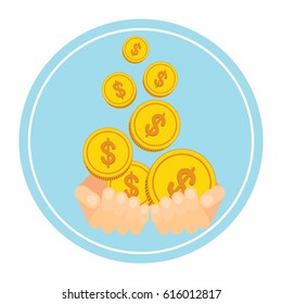 Hand holds gold coin dollar. Icons payment and banking services. Flat vector cartoon illustration. Objects isolated on a white background.