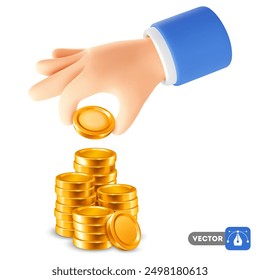 Hand holds gold coin and put it to stack, bunch of money, money staircase. 3D realistic icon, concept of success in business and finance, savings, luck and rich. Vector illustration