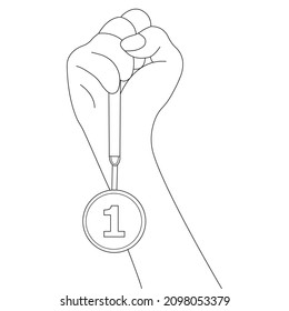 A hand holds a gold medal for first place. The concept of a symbol of victory, champion, medalist, award, achievement, success from the competition. Isolated vector illustration