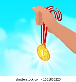 The hand holds the gold medal. Reward for victory. Triumphal Instant 3D.Izometry.Vector Illustration.