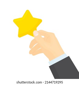 hand holds a gold star , concept of rating, review, quality - vector illustration