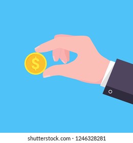Hand holds golden coin in two fingers flat style design vector illustration. Donate dollar currency or more. Symbol of donation isolated on light blue background. svg
