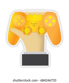 hand holds a golden gamepad,Gamer with joystick,Vector Image