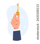 Hand holds golden key in fingers. Home latchkey. Realtor agent human arm. Business solution. Real estate access. Property owner. Privacy protection or house security. Safe door opener. Vector concept