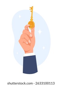 Hand holds golden key in fingers. Home latchkey. Realtor agent human arm. Business solution. Real estate access. Property owner. Privacy protection or house security. Safe door opener. Vector concept