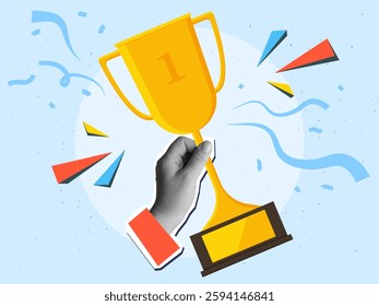 A hand holds golden trophy. Modern photo collage style. Vector illustration