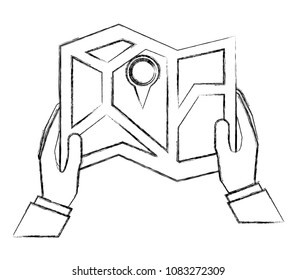 hand holds gps navigation folded map pin