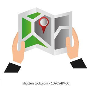 hand holds gps navigation folded map pin