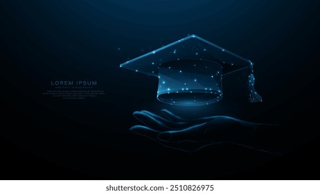 Mano a mano sostiene el gorro de graduación. Brillante bajo poli, wireframe, lineal, línea y malla. ilustración Vector