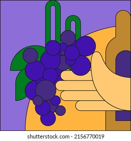 The hand holds grapes. Vector flat illustration on the theme of viticulture and agriculture. Stylized grapevine symbol, icon for farming. Trendy postcard from geometric shapes