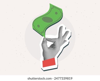 A hand holds a green banknote. Vector illustration in a modern collage style