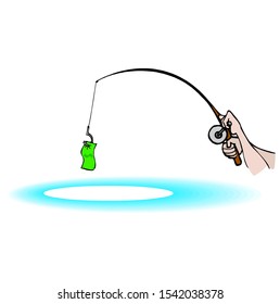 A hand holds a green bill on a fishing rod.