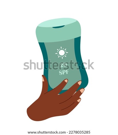 Hand holds Green Bottle of Sun Care Oil for Fast Bronze Tan. Calming Sunscreen Product for Safe Tanning and Healthy Sunbathing.Anti-UV Lotion. Flat vector illustration isolated on white background
