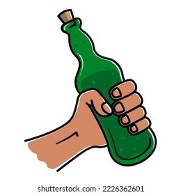 A hand holds a green, glass bottle with a drink, beer, sparkling water on a white background. The concept of drinks 