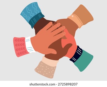 Mão segura um grupo de mãos. União, Trabalho em equipe. Amizade inter-racial, eliminação da discriminação racial, solidariedade dos povos. Ilustração vetorial
