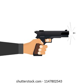 The hand holds the gun. The hand shoots the pistol with bullets. Flat design, vector illustration, vector.