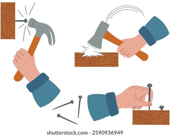 Hand holds a hammer and hammers a nail. Axe in hand chopping a wooden board. Vector set of elements for manual labor, hammer, nails, axe.