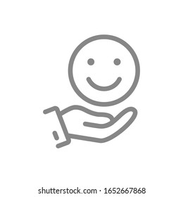 Hand Holds Happy Emoji, Good Mood Line Icon. Share Positive Emotions Symbol