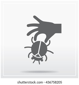 Hand holds a harmful beetle. Flat icon of graphical symbol of elimination technical defect of something or error in the software code (bug). Vector illustration