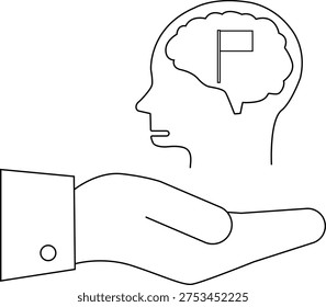 A hand holds a head with a brain containing a flag