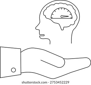 A hand holds a head with a brainshaped speedometer
