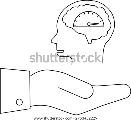 A hand holds a head with a brainshaped speedometer
