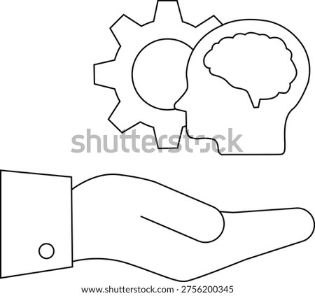 A hand holds a head outline with a brain inside overlaid with a gear