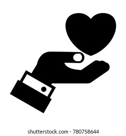 Hand holds the heart black silhouette icon. Love and romance, recognition in affectionate feelings, offer of marriage. Flat vector cartoon illustration. Objects isolated on white background.