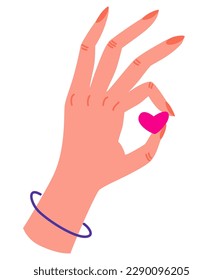 Hand holds the heart. The concept of charity, donation, or volunteering. Help and support of people. A symbol of health and care. Flat vector cartoon illustration