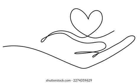 Hand holds heart continuous one line art drawing. Charity donation linear symbol. Vector illustration isolated on white.