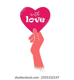 hand holds a heart with the inscription lovingly isolated on a white background. flat drawing with textures. symbol of love, appreciation, and gratitude. stock vector illustration. EPS 10.