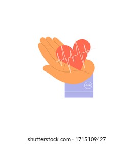 Hand holds heart in the palm of your hand. Vector illustration, flat cartoon design.
