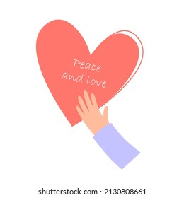 The hand holds the heart. Peace and love. No war concept. Unity, freedom and world peace. Vector illustration isolated on white background